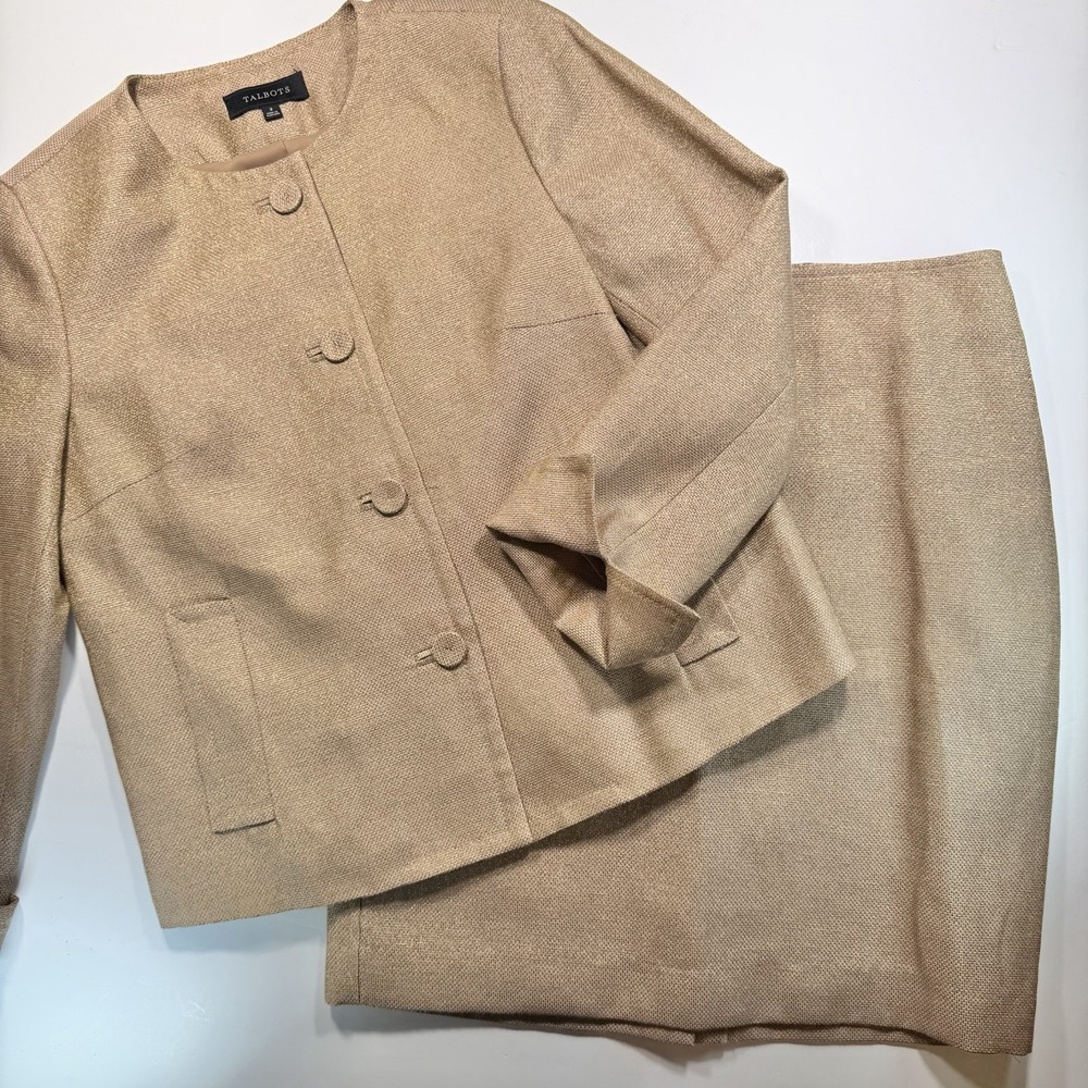 Talbots 2 Pc. Blazer & Skirt Womens Size 2 Gold Tan Metallic Suit Set Linen